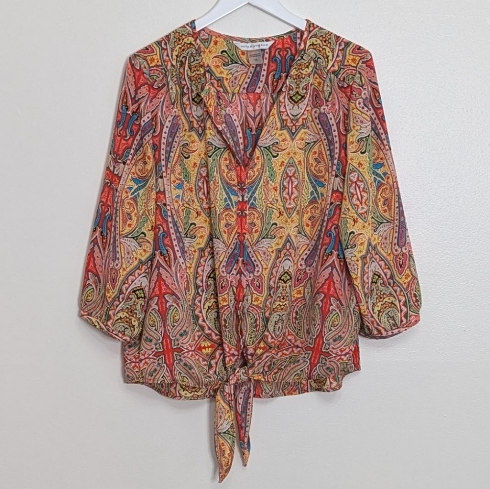 Peter Nygard Blouse Women Size 14 Pink Multicolor Button Front Tie Waist